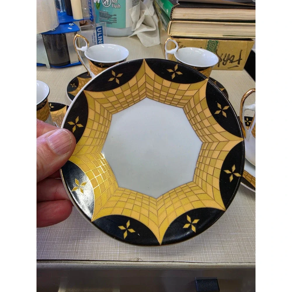 Vintage Art Deco Footed Demitasse Espresso Cup and Saucer Set Black Gold 5pc